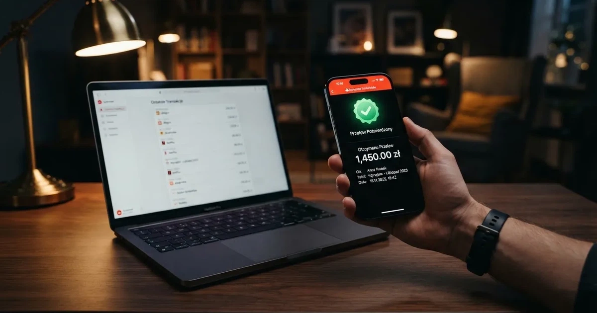 Dłoń trzymająca smartfon z aplikacją bankową pokazującą zaksięgowany przelew przychodzący, obok otwarty laptop z historią rachunku