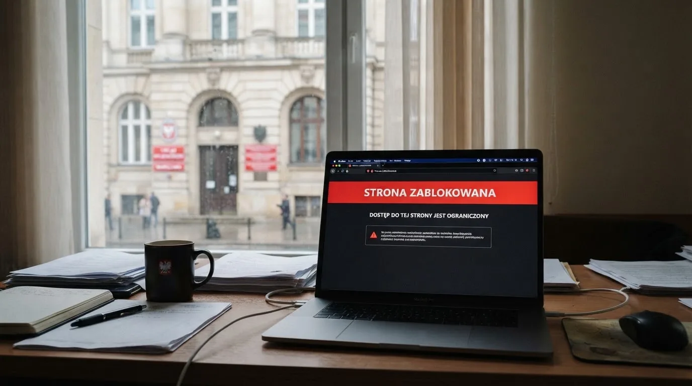 Laptop z komunikatem o zablokowanej stronie hazardowej, w tle budynek urzędu z tablicą ministerstwa